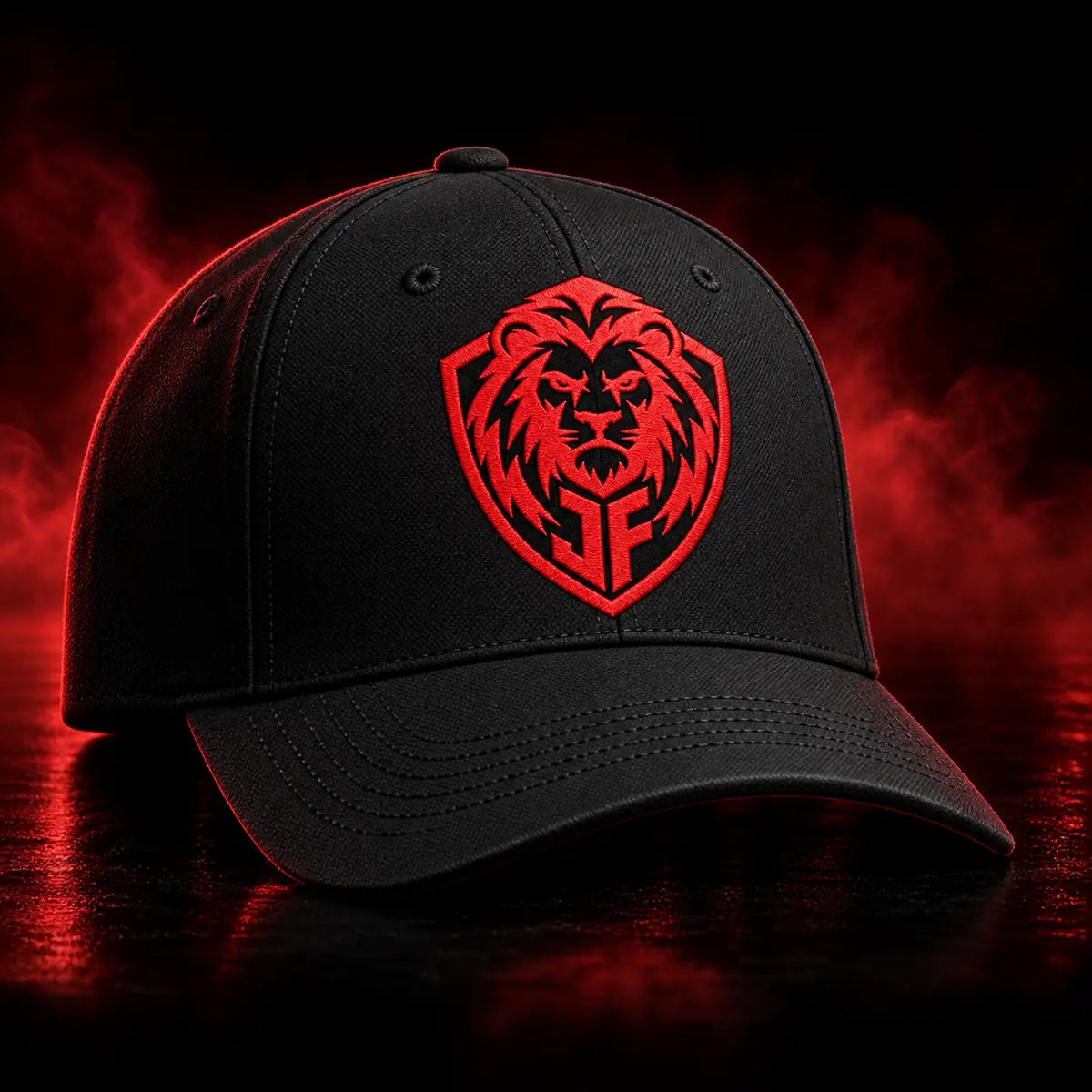 Black JohnoFitness training cap with embroidered red lion shield