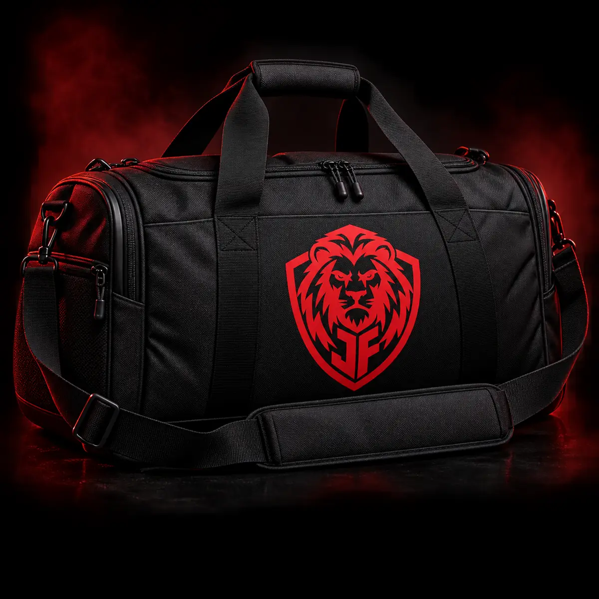 Black JohnoFitness gym bag with red lion shield