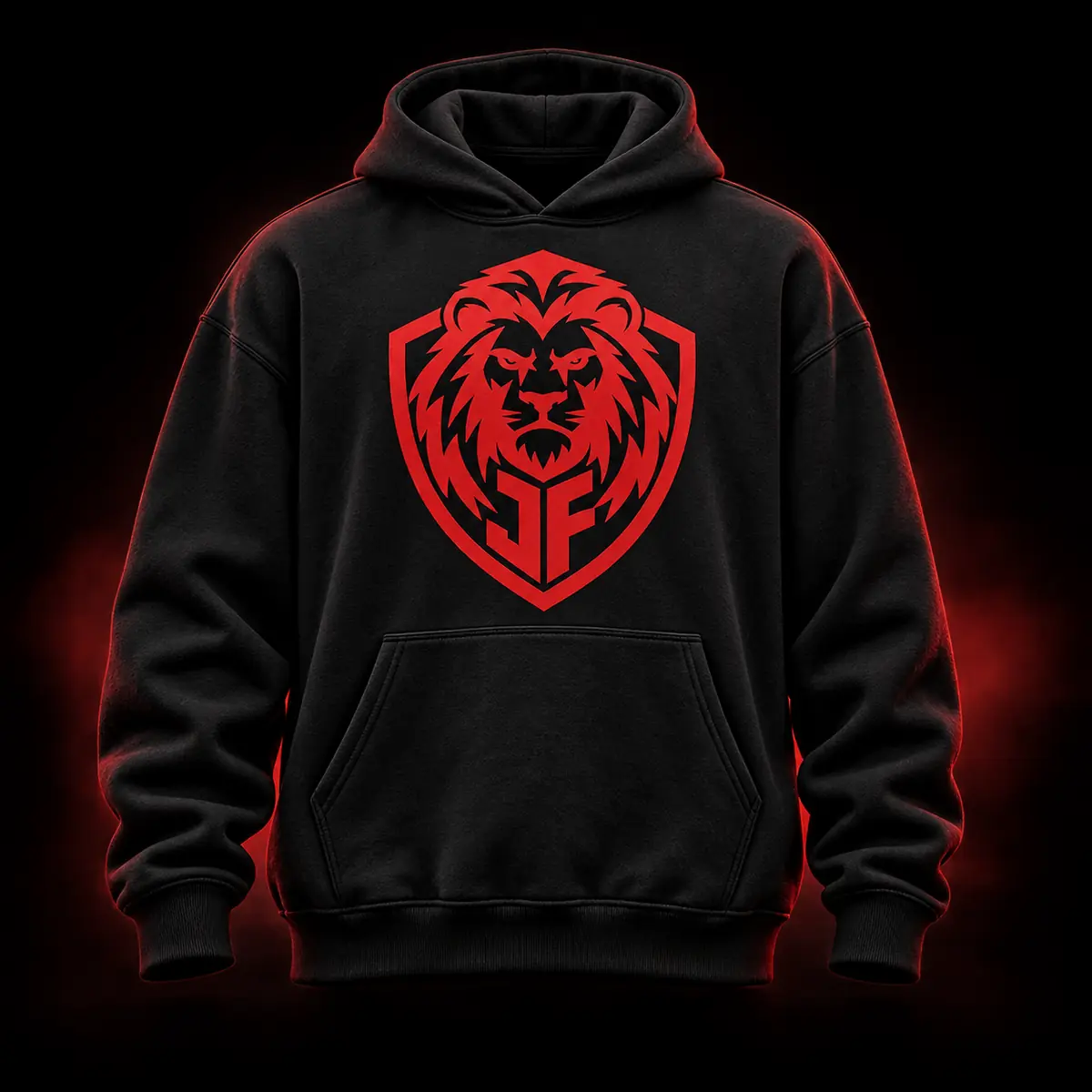 Black oversized JohnoFitness training hoodie with red lion shield