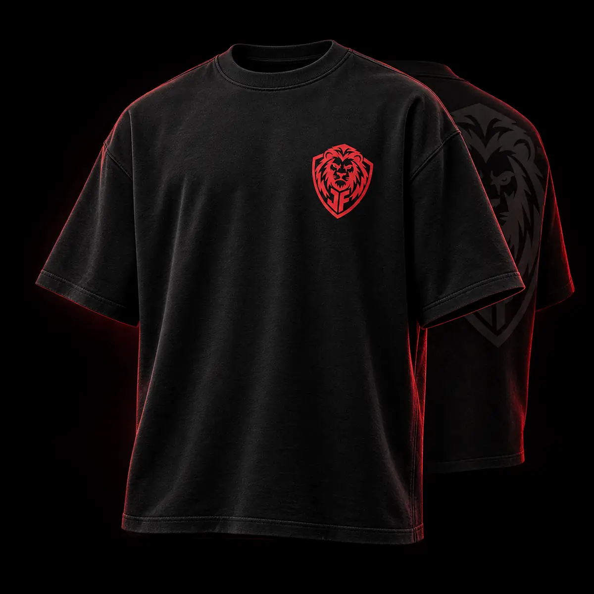 Black oversized JohnoFitness training tee with red lion shield