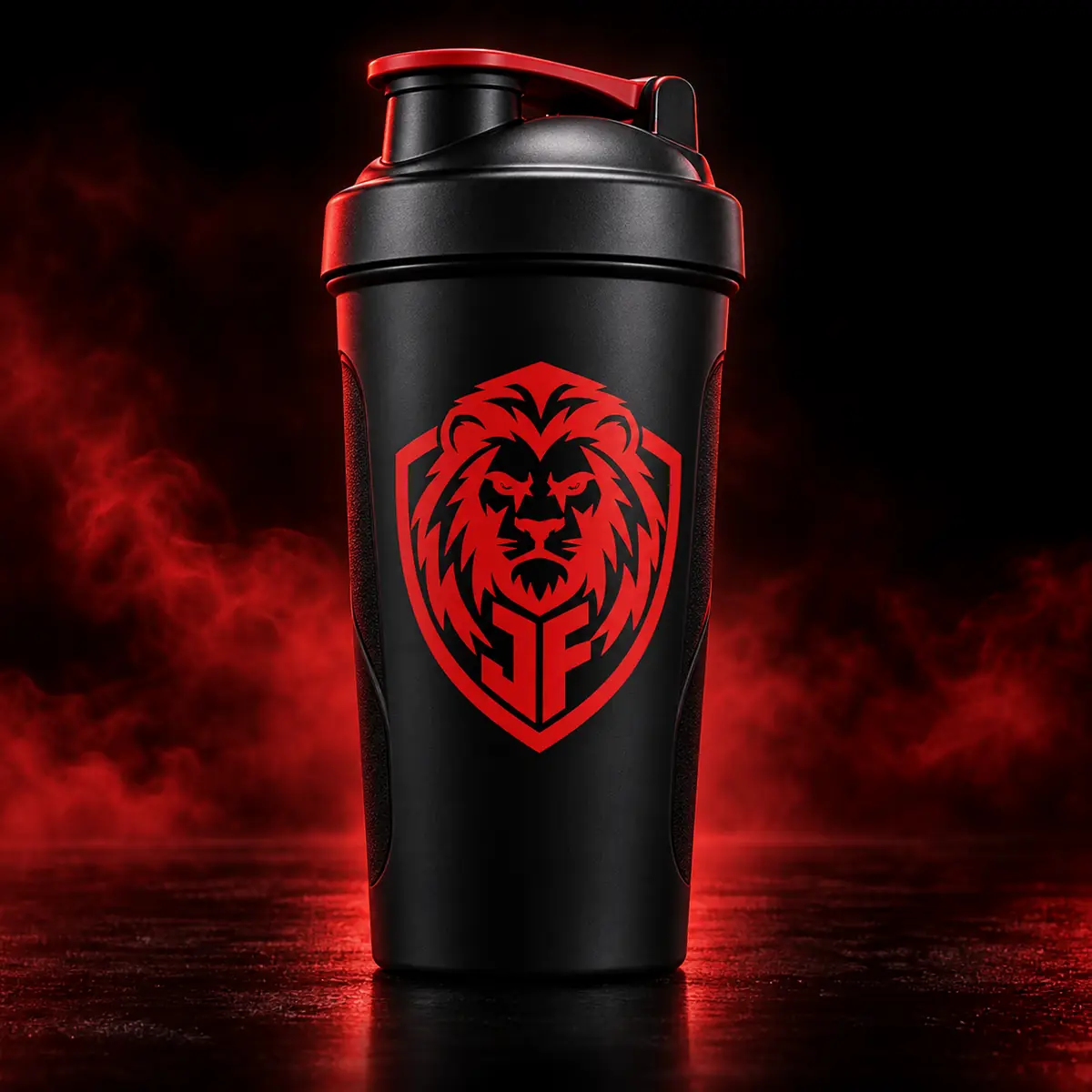 Black JohnoFitness training shaker with red lion shield