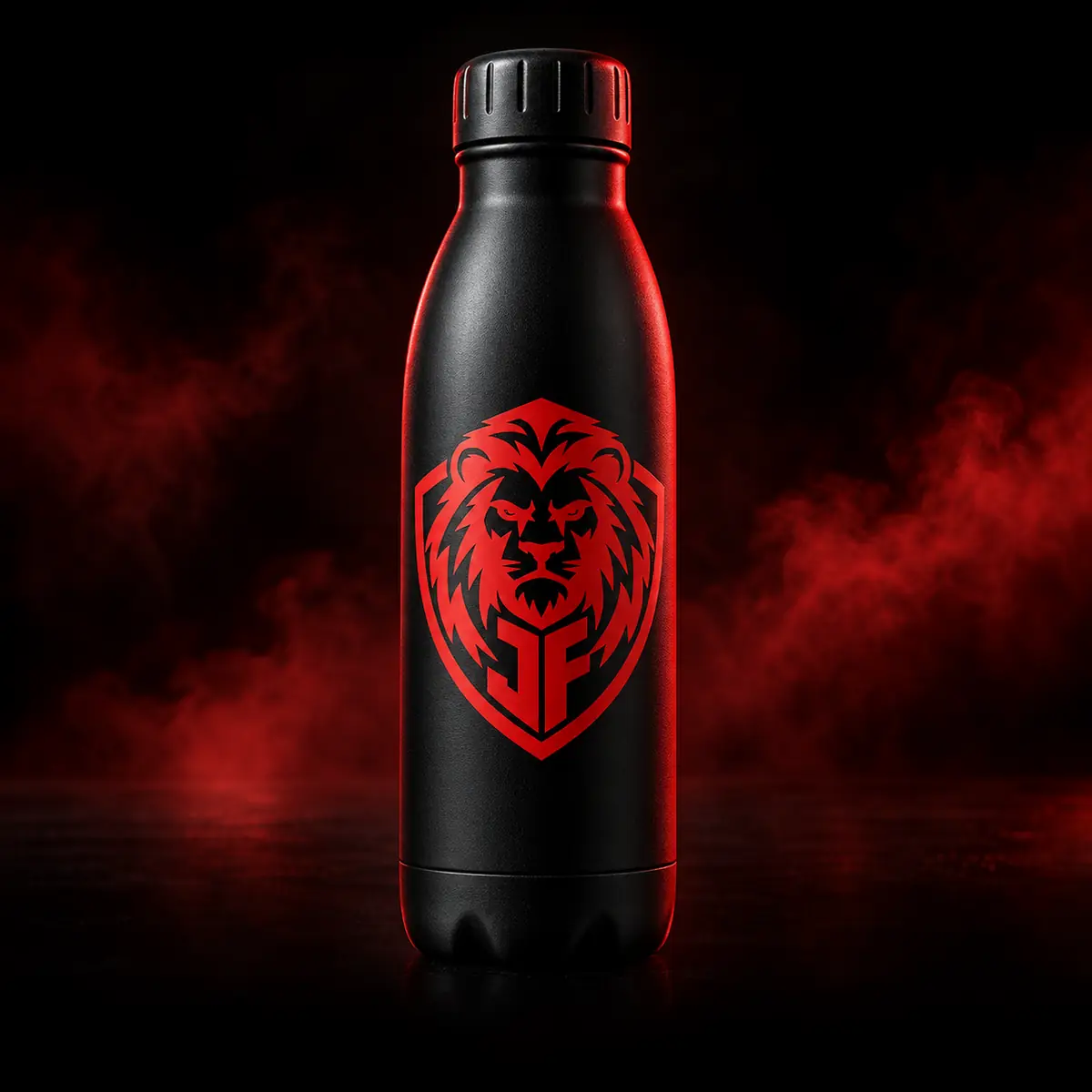 Black JohnoFitness insulated training bottle with red lion shield