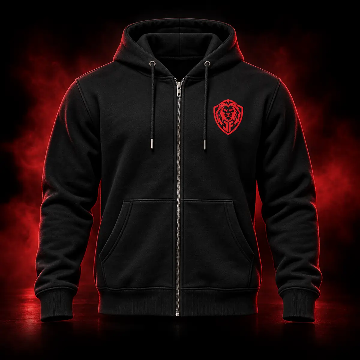 Black JohnoFitness full-zip training hoodie with red lion shield